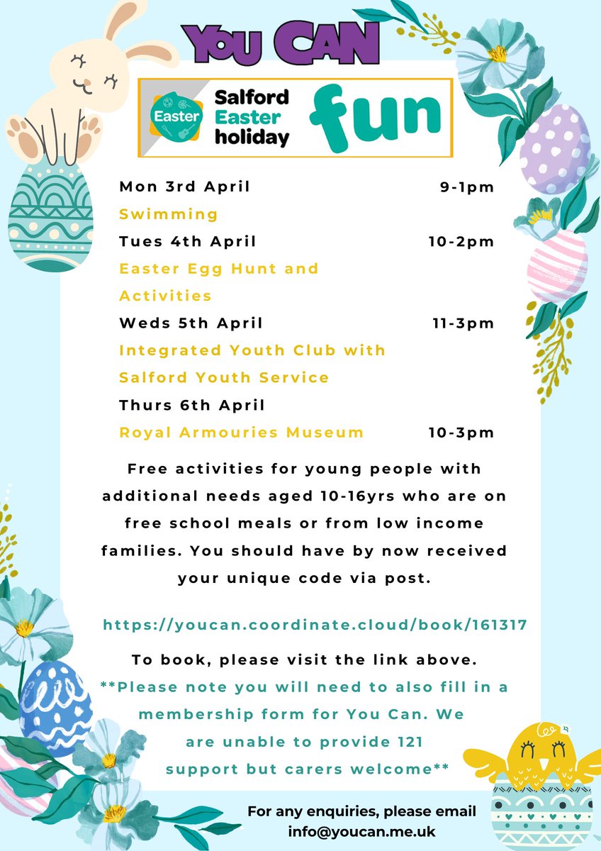 EASTER #HAF2023 Free activities for young people w/ additional needs,10-16yrs on free school meals or from low income families. To book click on the link below:  youcan.coordinate.cloud/project/40436 For all enquiries, please email info@youcan.me.uk #Salford #disabilityinclusion <a href="/salfordyouth1/">Salford Youth Service</a>