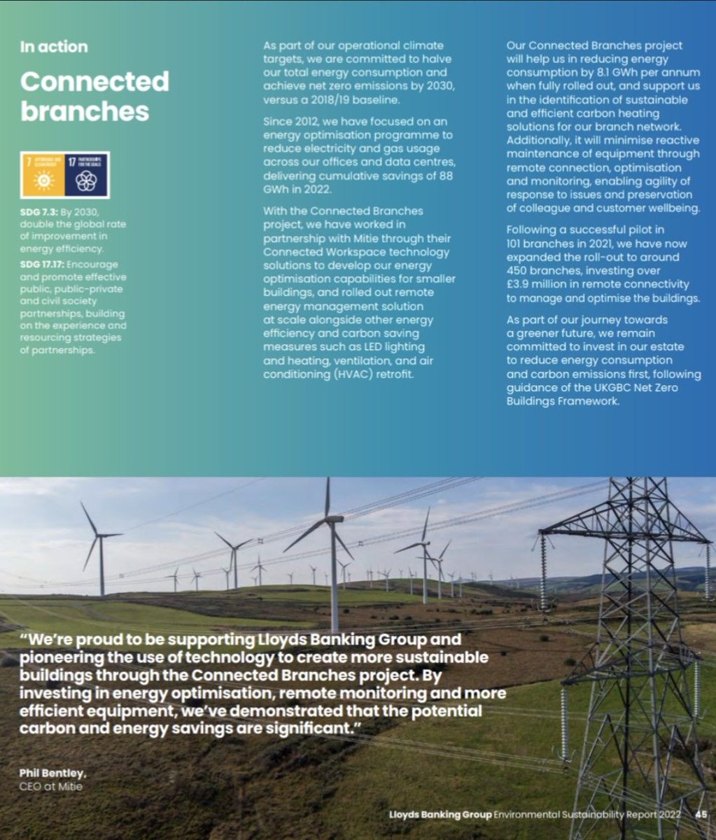 Interesting case study in <a href="/LBGplc/">Lloyds Banking Group</a>’s Environmental Sustainability Report showcasing how <a href="/mitie/">Mitie</a>’s connected workspace initiative is helping LBG reduce its energy consumption. We’re proud that our technology is creating 450 more sustainable bank branches across the UK.  
#PlanZero
