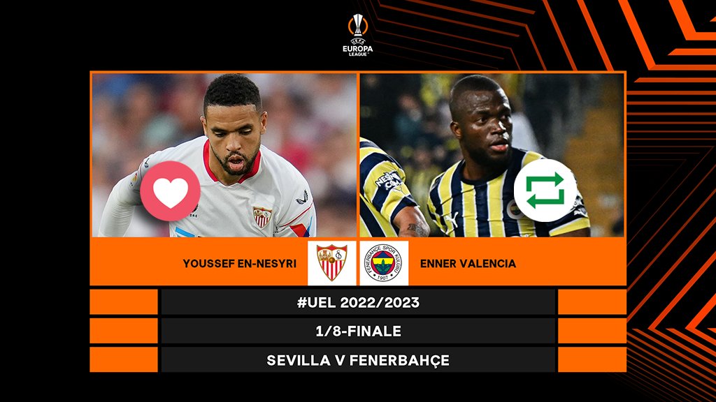#UEL Countdown! ⏱🤩🎉
 
❤ = <a href="/ennesyri9/">YouYou19</a> 🇲🇦
🔁 = <a href="/EnnerValencia14/">EnnerValencia</a> 🇪🇨
 
#SFCvFB | <a href="/SevillaFC/">Sevilla Fútbol Club</a> | <a href="/Fenerbahce/">Fenerbahçe SK</a>