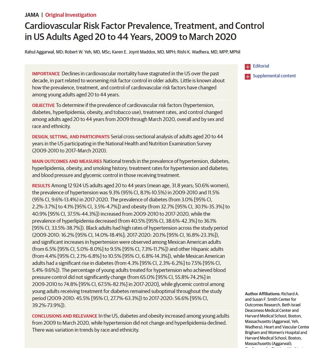 Our new @JAMA_current study evaluates changes in the prevalence, treatment, & control of cardiovascular risk factors in #young #adults over the past decade, and reveals some concerning findings. (Thread) Simultaneously published with #ACC23 #WCC2023: ja.ma/3L0JEp1