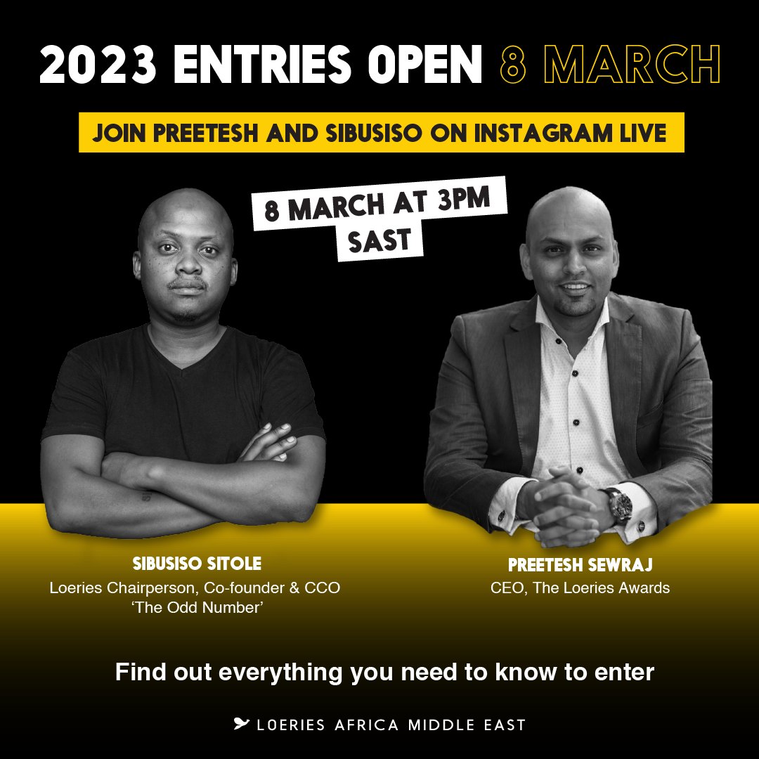 Join the conversation with Preetesh and Sibusiso as they discuss everything you need to know to enter the Loeries Awards 2023. Entries open on 8 March 2023.
