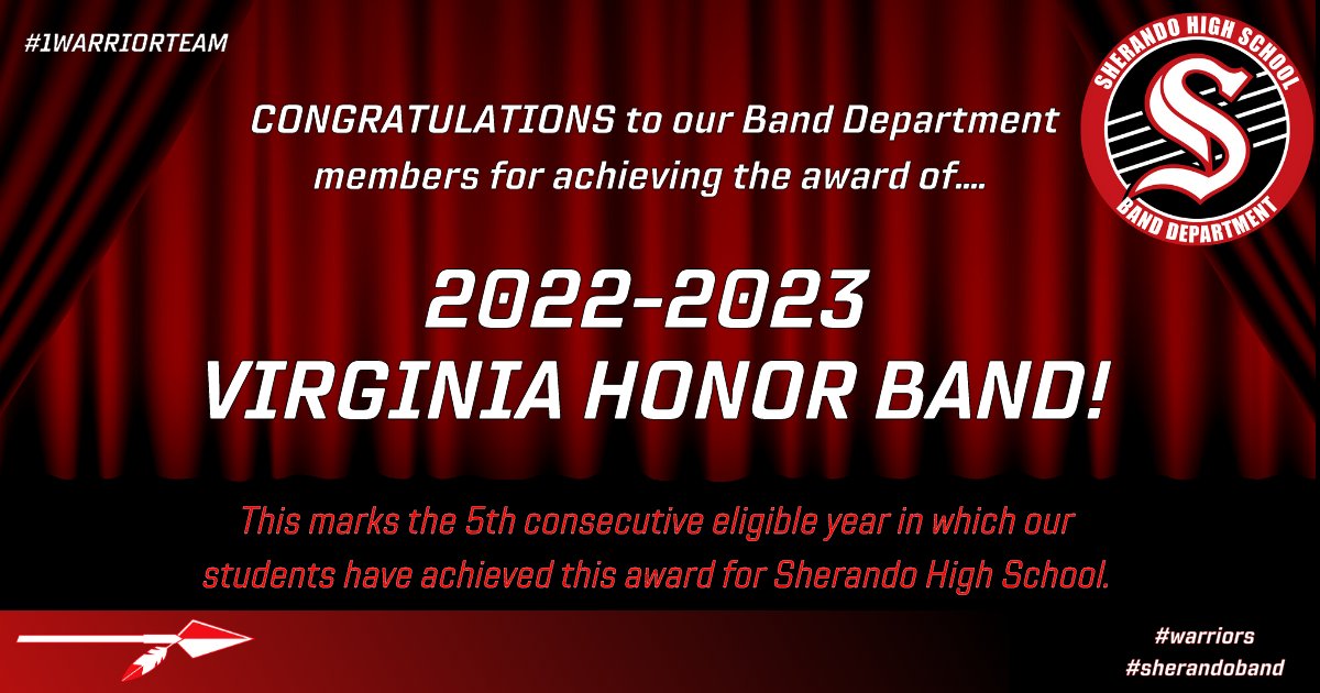 Congratulations to ALL of our Band Department members for their part in earning Sherando High School our 21st VBODA "Virginia Honor Band" award! #sherandoband #1warriorteam #clubcommunications