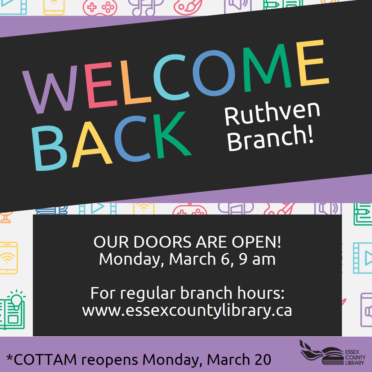 Welcome back! Ruthven branch reopens today at 9 am! For regular hours visit bit.ly/3YtcMbs <a href="/KingsvilleTimes/">Kingsville Times</a> <a href="/KingsvilleOnt/">Town of Kingsville</a>