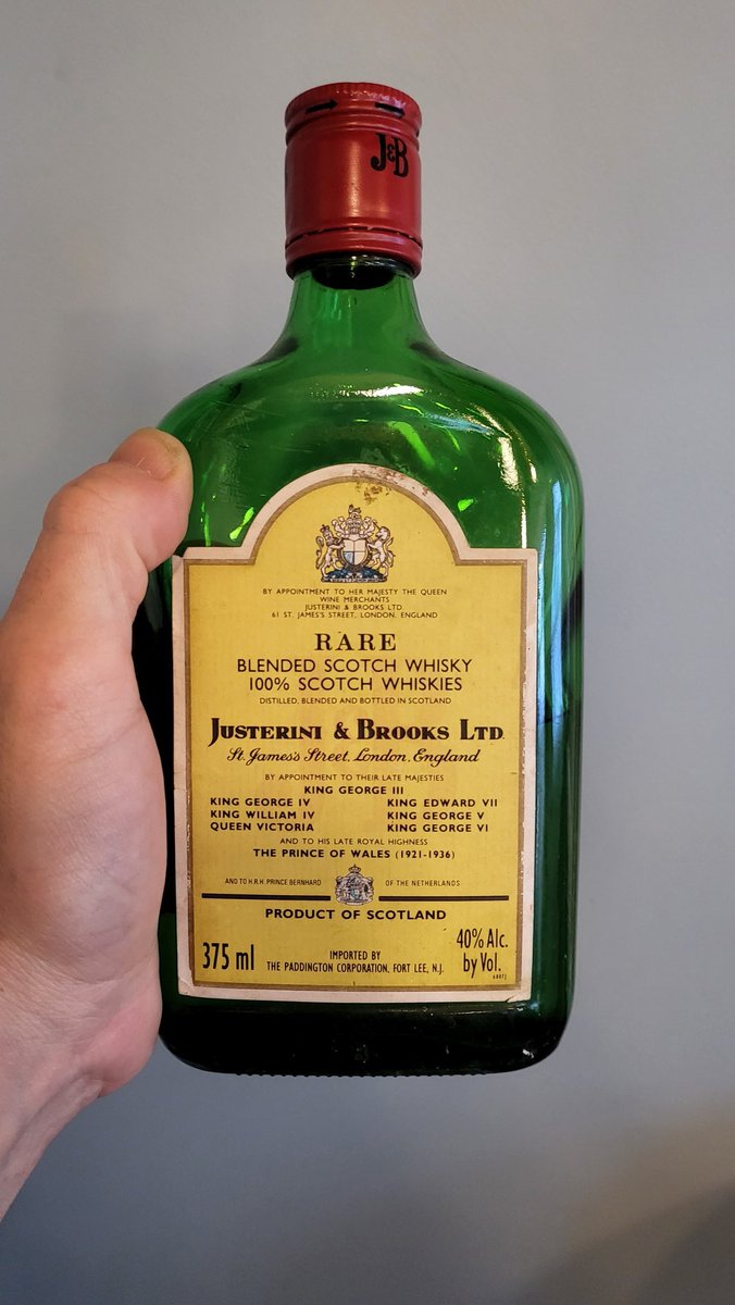 EfremOshinsky's tweet photo. @DavidWondrich any idea about this weird J&amp;B bottle I found in my mom's house? I've never seen the label with this layout. It has a gov't warning on the back so couldn't be older than the 1990s. The whisky inside is practically clear. https://t.co/qGWpZbfs7M