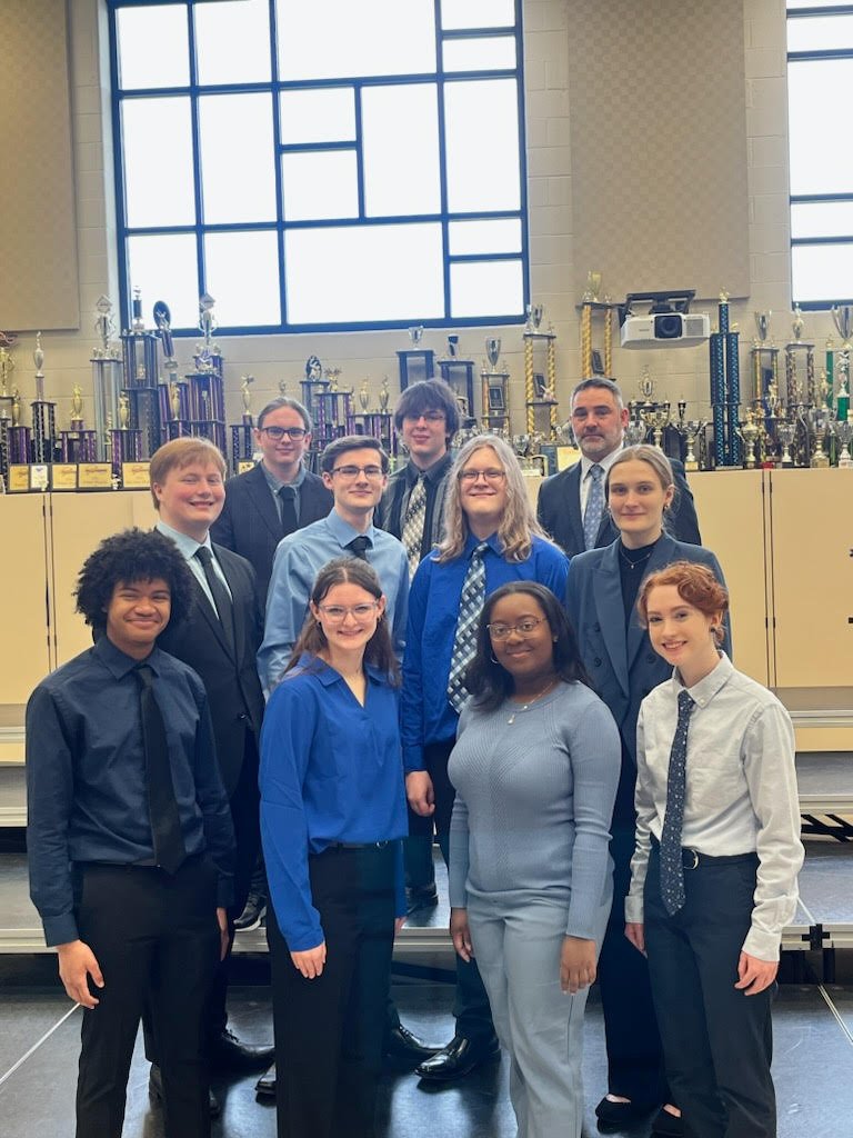 CRJeffersonHigh's tweet photo. The Academic Decathlon team from Cedar Rapids Jefferson won the state competition on Saturday! Our team earned 57/90 subject awards. This was the 23rd straight state championship for our team. National competition is April 27-29 in Frisco, TX. #jeffbleedblue #JHSGreatPlace2B https://t.co/OsAisoEQMs