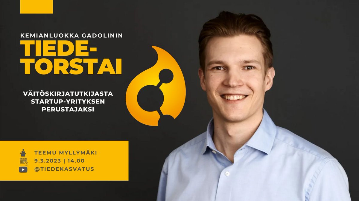 Tule kuulemaan ajankohtaisesta tutkimuksesta Gadolinin Tiedetorstaihin! 
9.3. 14–14:30 <a href="/teemumy/">Teemu Myllymäki</a>: Väitöskirjatutkijasta startup-yrityksen <a href="/measurlabs/">measurlabs</a> perustajaksi.
Striimi YouTubessamme, johon jää myös tallenne: youtube.com/@tiedekasvatus…