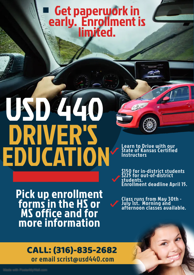 Driver's Education Enrollment is open. Please contact the middle school or high school offices with questions and for enrollment forms.