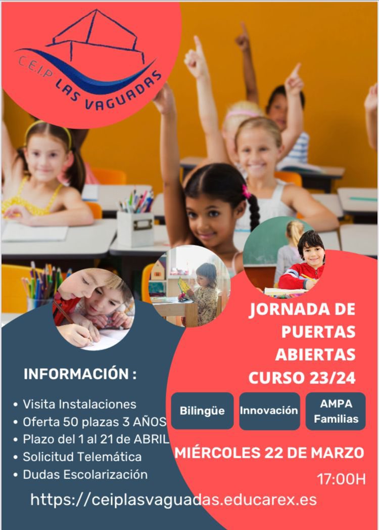 Jornada de puertas abiertas ‼️
Curso 23/24 #ceiplasvaguadas 
👉 Miércoles 22 de Marzo 2023 👈
#ampalasvaguadas