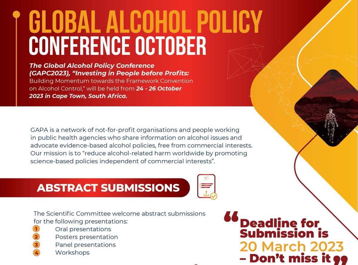 PolicyUganda's tweet photo. 7TH GLOBAL ALCOHOL POLICY CONFERENCE.

Investing in people before profits: building momentum towards the Framework Convention on Alcohol Control.

24 - 26 October 2023, CTICC, Cape Town, South Africa.

#GAPC2023 https://t.co/EJIiOCLlWS