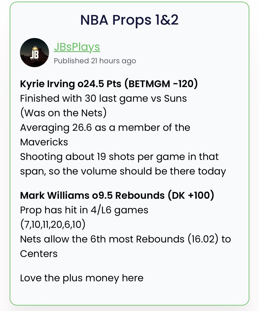 JBs_Plays's tweet photo. 💰MINI SWEEP FOR VIP💰
FINISHED 2-0 +1.83 Units🔥💵
Kyrie Irving o24.5 Pts✅
Mark Williams o9.5 Rebounds✅
Grab a FREE TRIAL for all VIP plays by using the link in my bio📲
Plays⬇️
STOP MISSING OUT🫡
#GamblingTwitter #NBATwitter #bettingtwitter #NBA #datadrivenplays https://t.co/2voOyU1YnC