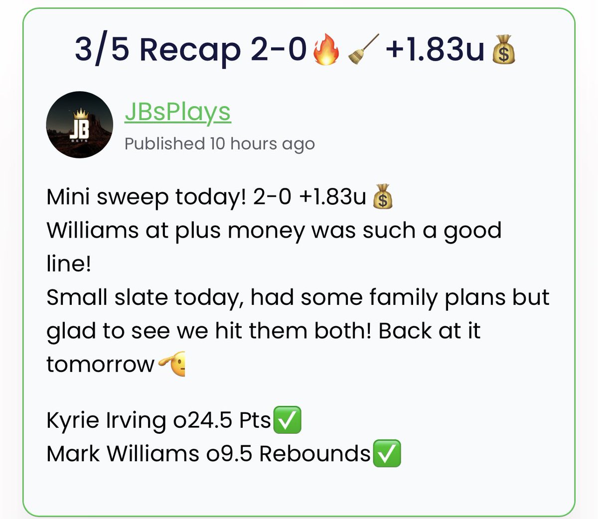 JBs_Plays's tweet photo. 💰MINI SWEEP FOR VIP💰
FINISHED 2-0 +1.83 Units🔥💵
Kyrie Irving o24.5 Pts✅
Mark Williams o9.5 Rebounds✅
Grab a FREE TRIAL for all VIP plays by using the link in my bio📲
Plays⬇️
STOP MISSING OUT🫡
#GamblingTwitter #NBATwitter #bettingtwitter #NBA #datadrivenplays https://t.co/2voOyU1YnC