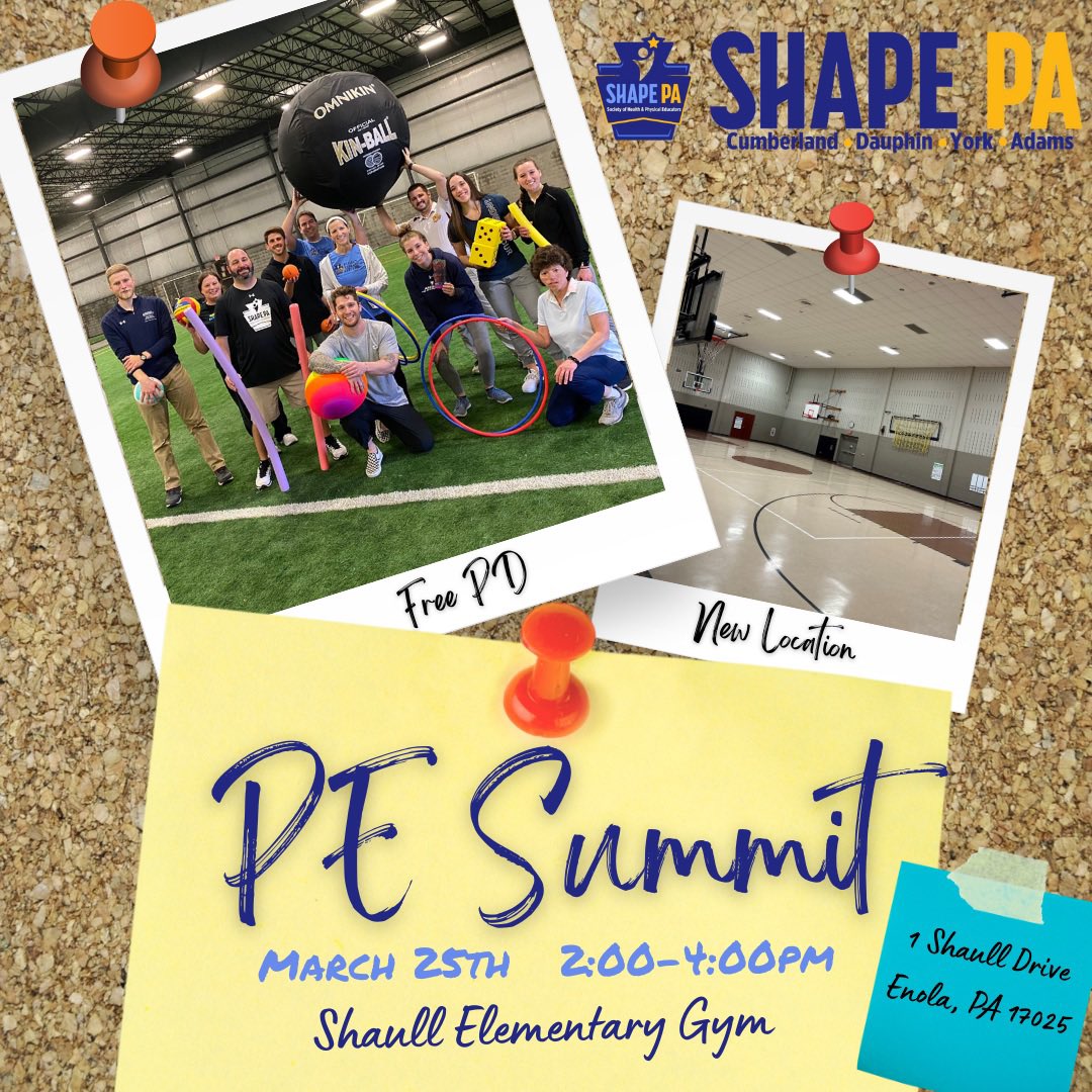 SHAPE PA (@shape_pa) on Twitter photo Our <a href="/ShapePA_CDYA/">SHAPE PA - CDYA</a> local is hosting their “2nd Annual PE Summit”on March 25th from 2-4pm in Enola, PA. Please consider joining us for this FREE professional development event. We’re excited to move, connect & learn from one another again!
Sign up today: forms.gle/eC2vbvKF4yhNLw… Our <a href="/ShapePA_CDYA/">SHAPE PA - CDYA</a> local is hosting their “2nd Annual PE Summit”on March 25th from 2-4pm in Enola, PA. Please consider joining us for this FREE professional development event. We’re excited to move, connect & learn from one another again!
Sign up today: forms.gle/eC2vbvKF4yhNLw…