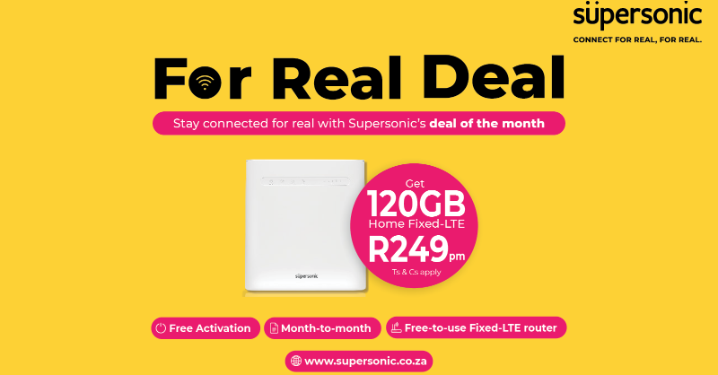 supersonicfibre's tweet photo. Get Supersonic's latest For Real Deal!
For just R249 per month, you get 60GB anytime & 60GB night-time data plus a free to use router and free delivery.
Sign Up NOW.
https://t.co/xQJkJDrBF2
*T’s & C’s Apply
#ConnectForRealForReal
#SupersonicForRealDeals
