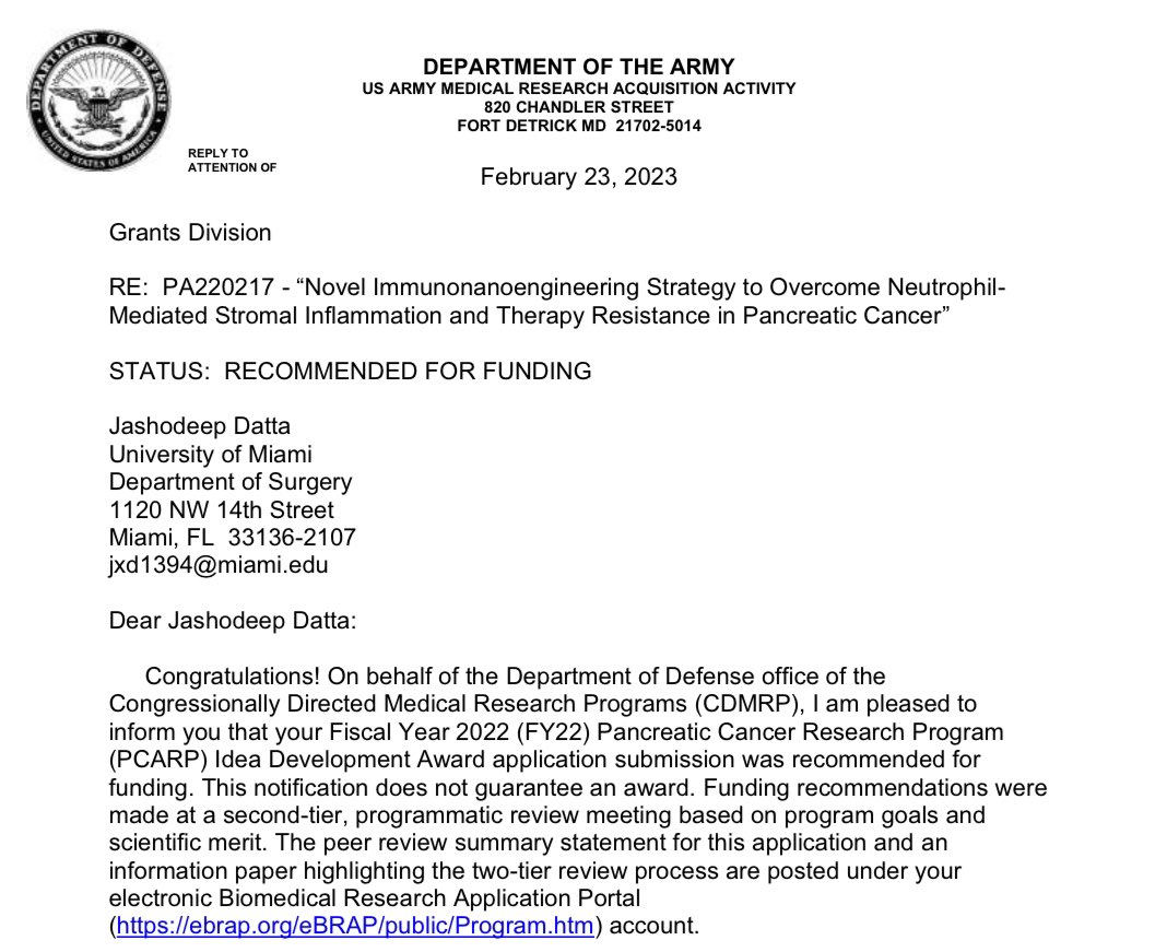 🚨Thrilled to announce that our grant was selected for funding by @DeptofDefense #DOD @CDMRP #IdeaDevelopmentAward mechanism! Excited to move forward nanoengineering concept to thwart pro-inflammatory signaling from neutrophilic MDSCs in #PancreaticCancer #pancsm w/ @DharShanta