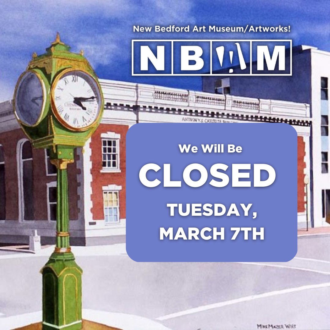 The New Bedford Art Museum will be CLOSED for installation on Tuesday, March 7th. We will resume normal hours on Wednesday for the remainder of the week. See you soon! 🕰️

MUSEUM HOURS:
Tuesday - Sunday
9AM - 5PM⁠

#NewBedford #WeArtNB #artDNB #MyLocalMA #PowerOfCulture