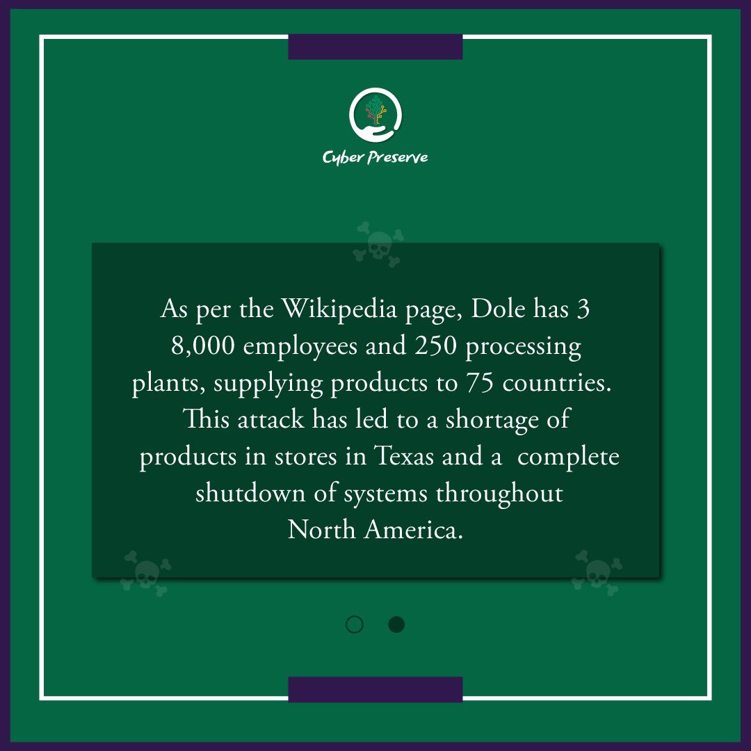 @CyberPreserve: In  a statement, Dole mentioned that it was dealing with a cybersecurity incident involving ransomware.

Due to this attack they had to shut down their plants due to a shortage of products.

Read more here⤵️
securityweek.com/ransomware-att… 

#cyb…