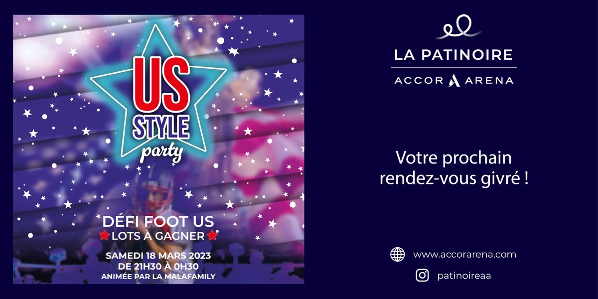 La patinoire de l'Accor Arena organise une soirée 100% 🇺🇸 style !
Enfile tes patins à glace ⛸️ &amp; viens découvrir ce qu'est une vraie soirée américaine. ⭐️

On vous attend nombreux !