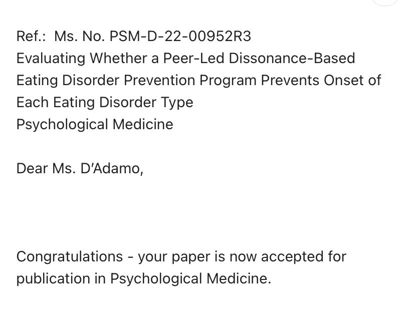 Laura_DAdamo's tweet photo. A great start to the week☺️ I’m so excited about our new paper in press at Psychological Medicine, which tested whether Body Project groups led by peer educators prevented onset of *specific types* of eating disorders in young women over 4-year follow-up! Preprint coming soon! https://t.co/m72UkCSy4n
