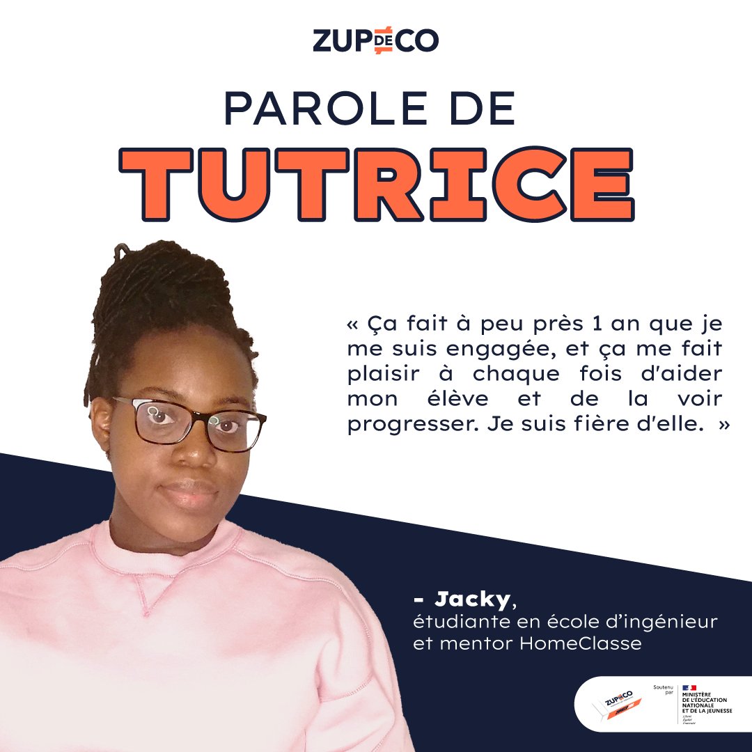 ZUPdeCO (@zupdeco) on Twitter photo 📣 Parole de tutrice !
“Marie est une élève qui a beaucoup d’énergie et qui adore échanger.C’est un plaisir pour moi de lui partager ce que je sais et de la voir progresser.”
- Jacky, étudiante en école d’ingénieur et mentor HomeClasse
🚀  #Deviens1héros:
tuteurs.zupdeco.org 📣 Parole de tutrice !
“Marie est une élève qui a beaucoup d’énergie et qui adore échanger.C’est un plaisir pour moi de lui partager ce que je sais et de la voir progresser.”
- Jacky, étudiante en école d’ingénieur et mentor HomeClasse
🚀  #Deviens1héros:
tuteurs.zupdeco.org