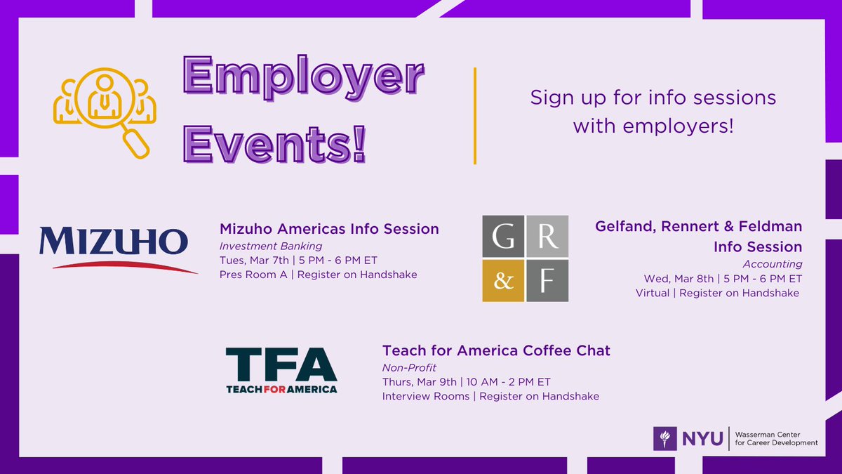 Employers from the investment banking, accounting, and non-profit industries are coming to meet with YOU! Make sure to sign up on Handshake for info sessions with these employers and more.