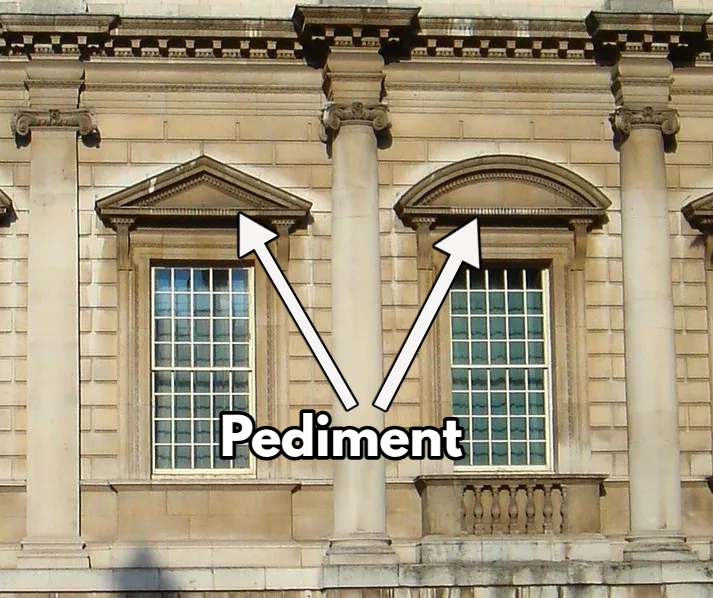 Pediment: the triangular or semi-circular element above a door or window, originating in classical a