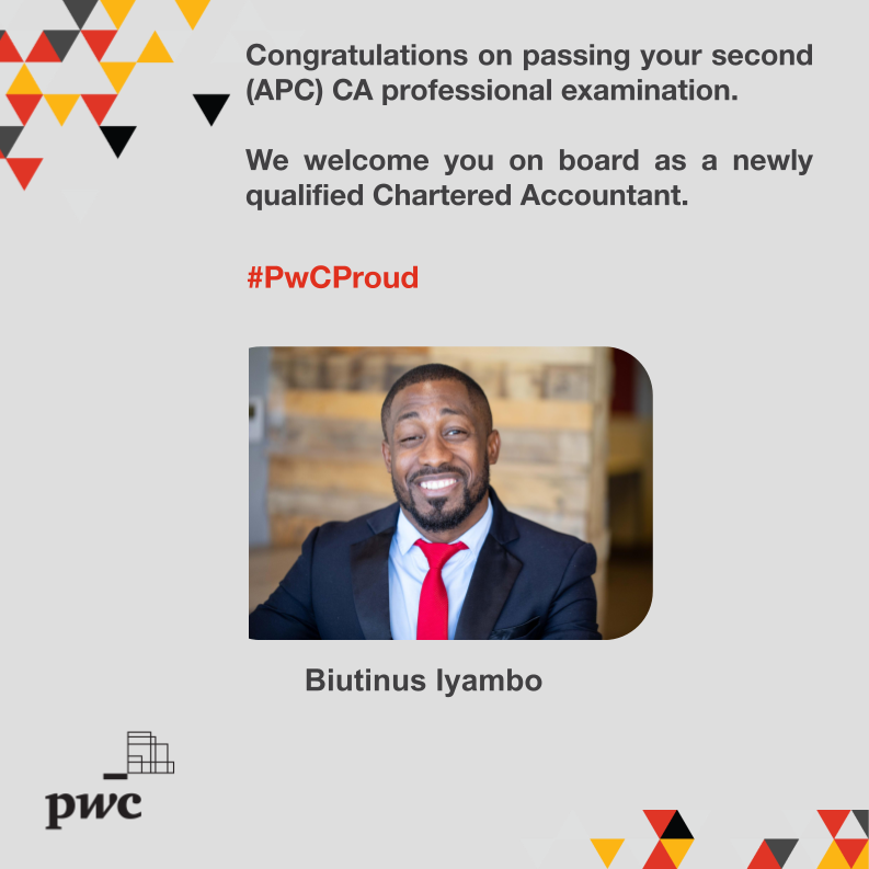 Congratulations on passing your APC examination in December 2022. 

We welcome you on board as a newly qualified CA (Chartered Accountant).

#pwcnamibia #pwcproud #apcresultsnamibia #charteredaccountants