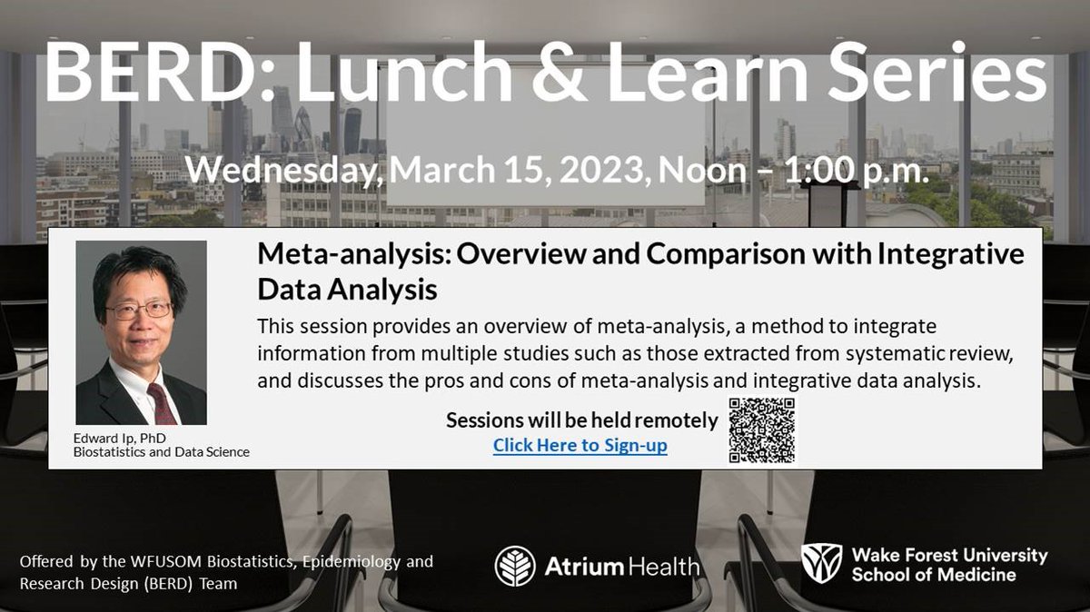 The next seminar in our joint series, 'Meta-analysis: Overview and Comparison with Integrative Data Analysis', will be on 3/15 at 12pm ET. This event is being cross-promoted by the CTSA-funded BERD Cores at UNC-Chapel Hill, Wake Forest University, and Duke University.