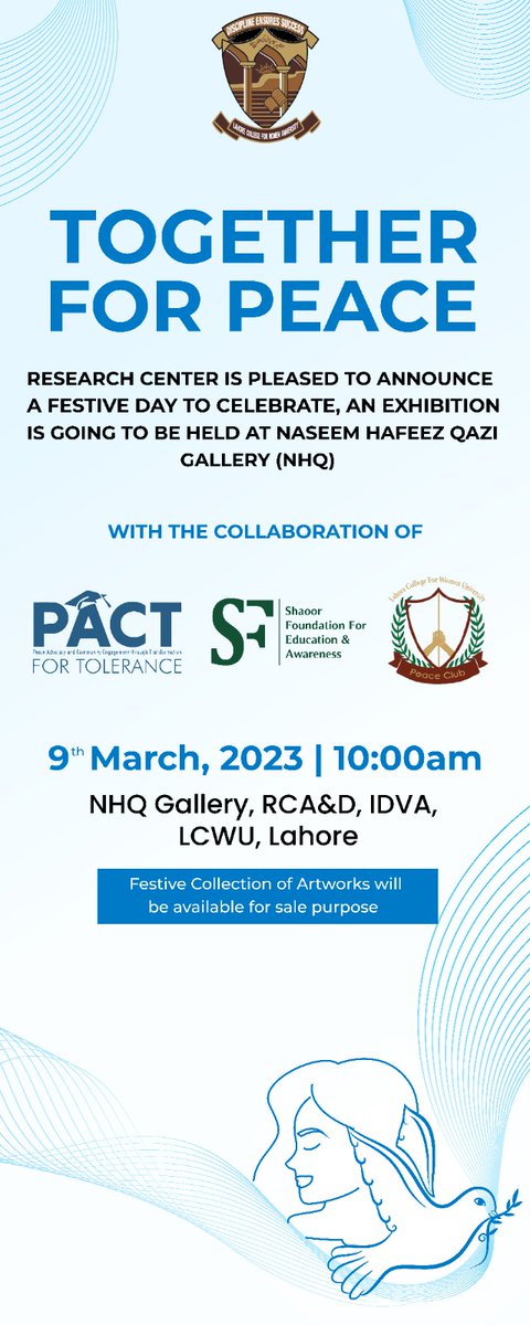 Lahore College Women University (LCWU) in collaboration with PACT project of SFEA is organizing a one day #artexhibition on 9/03/23, at the Naseem Hafeez Qazi Art Gallery in LCWU Lahore.
#Pact
#LCWU 
<a href="/lahorecollege/">LCWU</a>