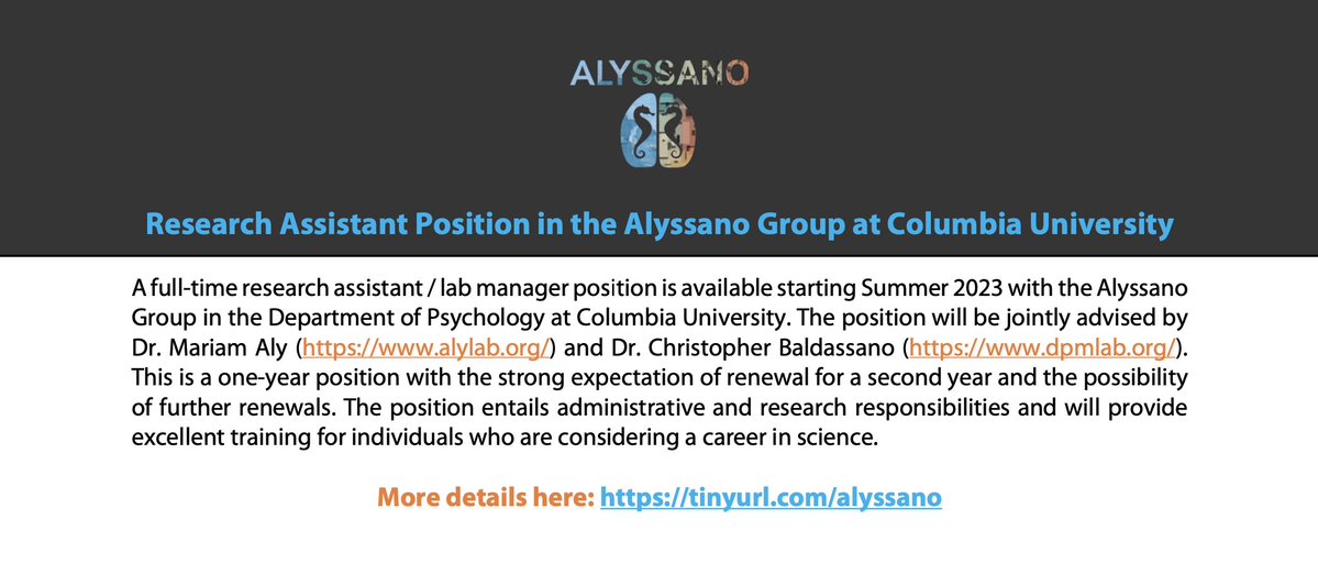 Mariam Aly (@mariam_s_aly) on Twitter photo Interested in memory and prediction? Want training for a career in science?
<a href="/ChrisBaldassano/">Chris Baldassano</a> and I are recruiting a jointly supervised research assistant to work on NIH-funded projects examining anticipatory signals in the brain!
See ad for details: tinyurl.com/alyssano Interested in memory and prediction? Want training for a career in science?
<a href="/ChrisBaldassano/">Chris Baldassano</a> and I are recruiting a jointly supervised research assistant to work on NIH-funded projects examining anticipatory signals in the brain!
See ad for details: tinyurl.com/alyssano