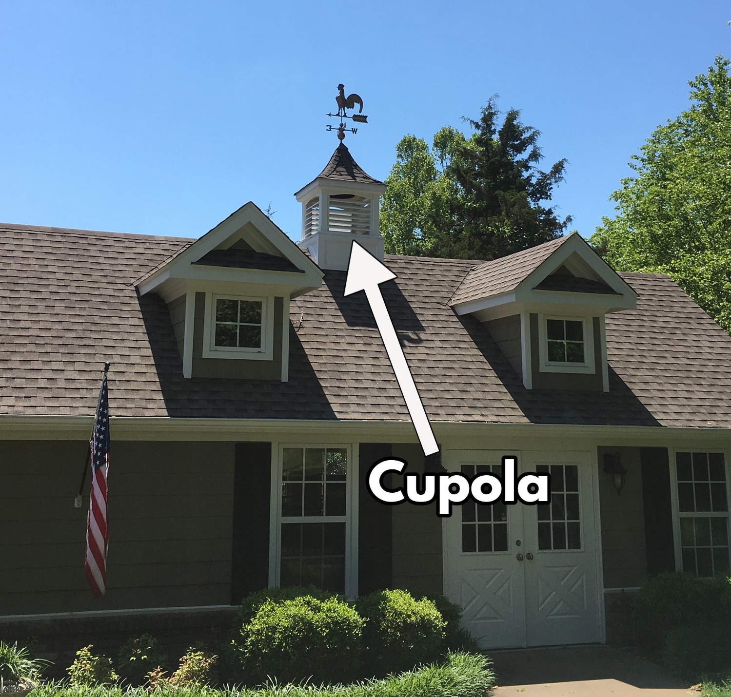 Cupola: small structure which usually lets light in, often dome-shaped but not always, on top of a l