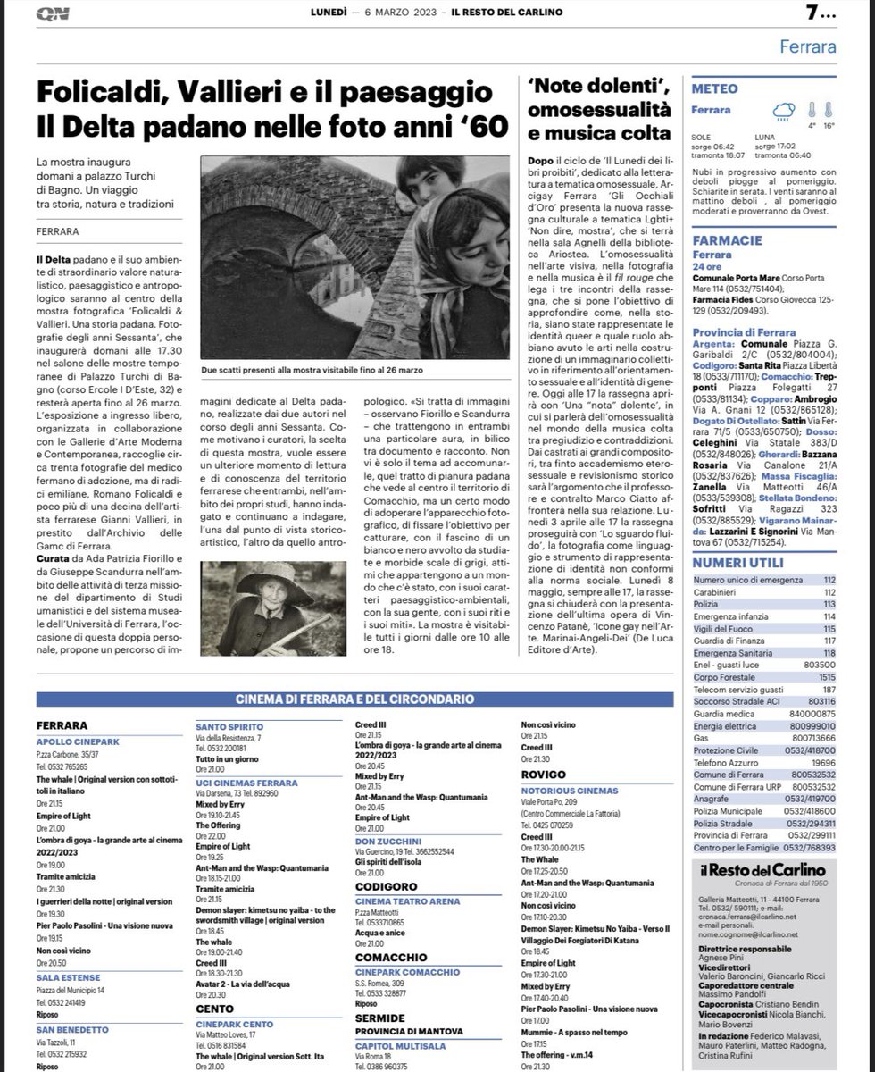 LSU_Ferrara's tweet photo. Grazie a Il Resto Del Carlino di Ferrara, ricordiamo l’evento della mostra "Folicaldi &amp; Vallieri: Una storia padana", martedì 7 ore 17:30, Salone delle Mostre Temporanee di Palazzo Turchi di Bagno, anche con la presenza del fotografo. 
#LSU #LaboratoriStudiUrbani #Ferrara https://t.co/pLCJKHMgRH