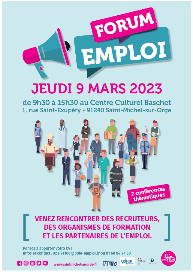 AdjrafiM's tweet photo. 📢Le Pôle Emploi de Brétigny Sur Orge et ses partenaires organisent le FORUM DE L'EMPLOI de SAINT MICHEL SUR ORGE
 📆le 09 mars 2023
⌚️de 9h30 à 15h30
 📍centre culturel Baschet, Saint Michel Sur Orge.

REJOIGNEZ NOUS!
#Forum #Emploi #SaintMichelSurOrge 

Au programme ⬇️ https://t.co/62oYPgJvrC