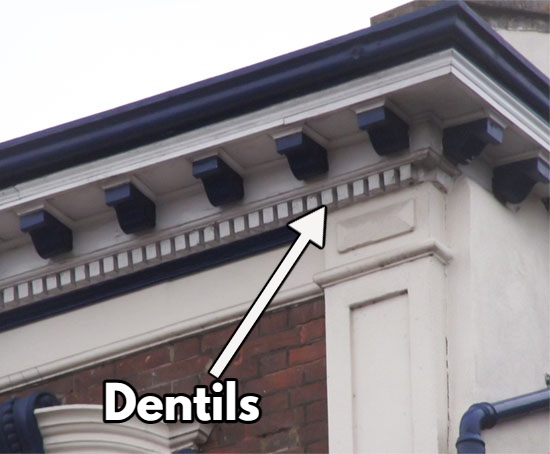 Cornice: the horizontal and projected decorative part at the top of a building.

Dentils: those tiny