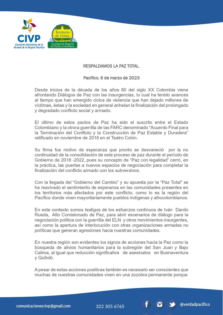 ComisionadoPaz's tweet photo. Recibimos con esperanza el respaldo de @VerdadPacifico y @CRPacifico al trabajo del @ComisionadoPaz Danilo Rueda y al proyecto de #PazTotal. Esta apuesta se gestó en el seno de las comunidades más golpeadas por la guerra y hoy seguimos trabajando juntos por la paz con vida digna. https://t.co/kI1Gk1m2Eq