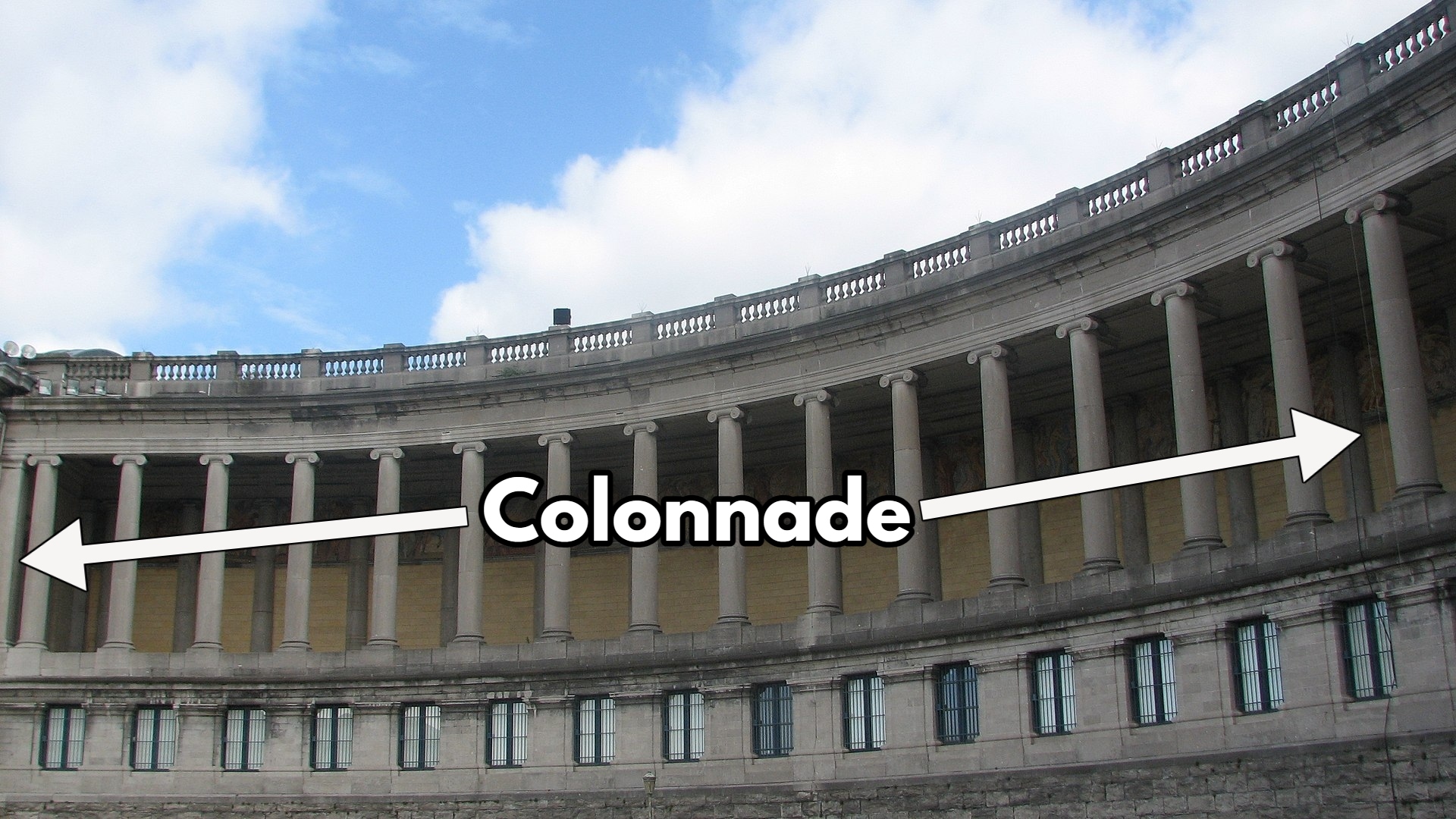 A colonnade is any row of columns supporting an entablature (i.e. a complete order) whether as part 