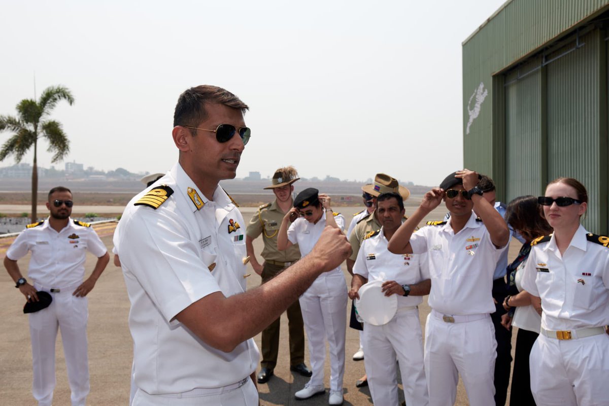 AusHCIndia's tweet photo. 🇮🇳 and 🇦🇺 conduct joint naval exercises and patrols in the Indian Ocean - an area of strategic interest for both our countries. Our #ADF officers observed first-hand Indian naval operations at INS Hansa - Indian naval air station - in #Goa. #GRIAYDOEP #GeneralRawat @DefenceAust https://t.co/Z1a1RRzXEe