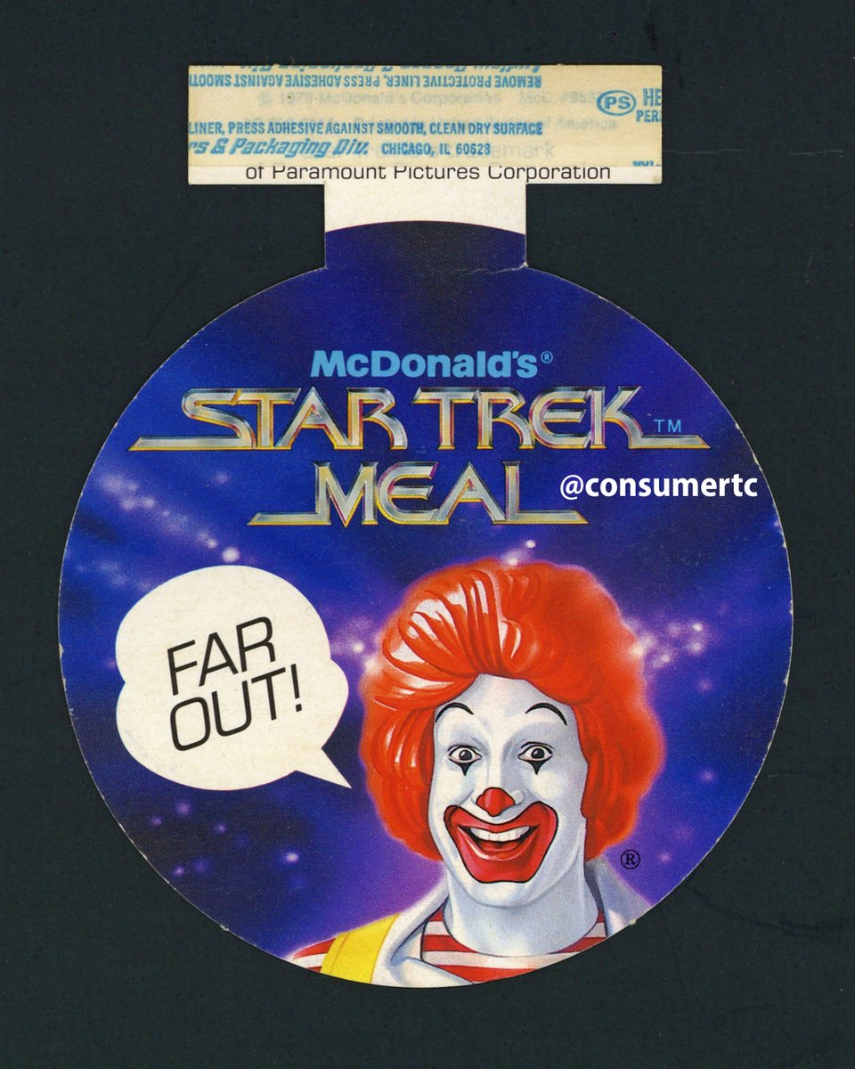 consumertc's tweet photo. The first licensed property to get its own Happy Meal was STAR TREK. The Happy Meal had such a brief run at the time that practically all of the branding just referred to it as the "Star Trek Meal." According to Ronald, it was far out. (1979) https://t.co/KA5zt4yUze