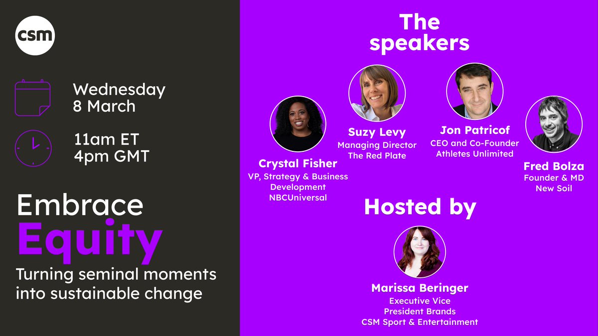 Last chance to sign up for our #IWD webinar, where our panel will explore how we can shift the dial on gender equity in sport and entertainment.

Join us to discover what role each stakeholder can play in turning seminal moments into sustainable change: bit.ly/3klI5Hh