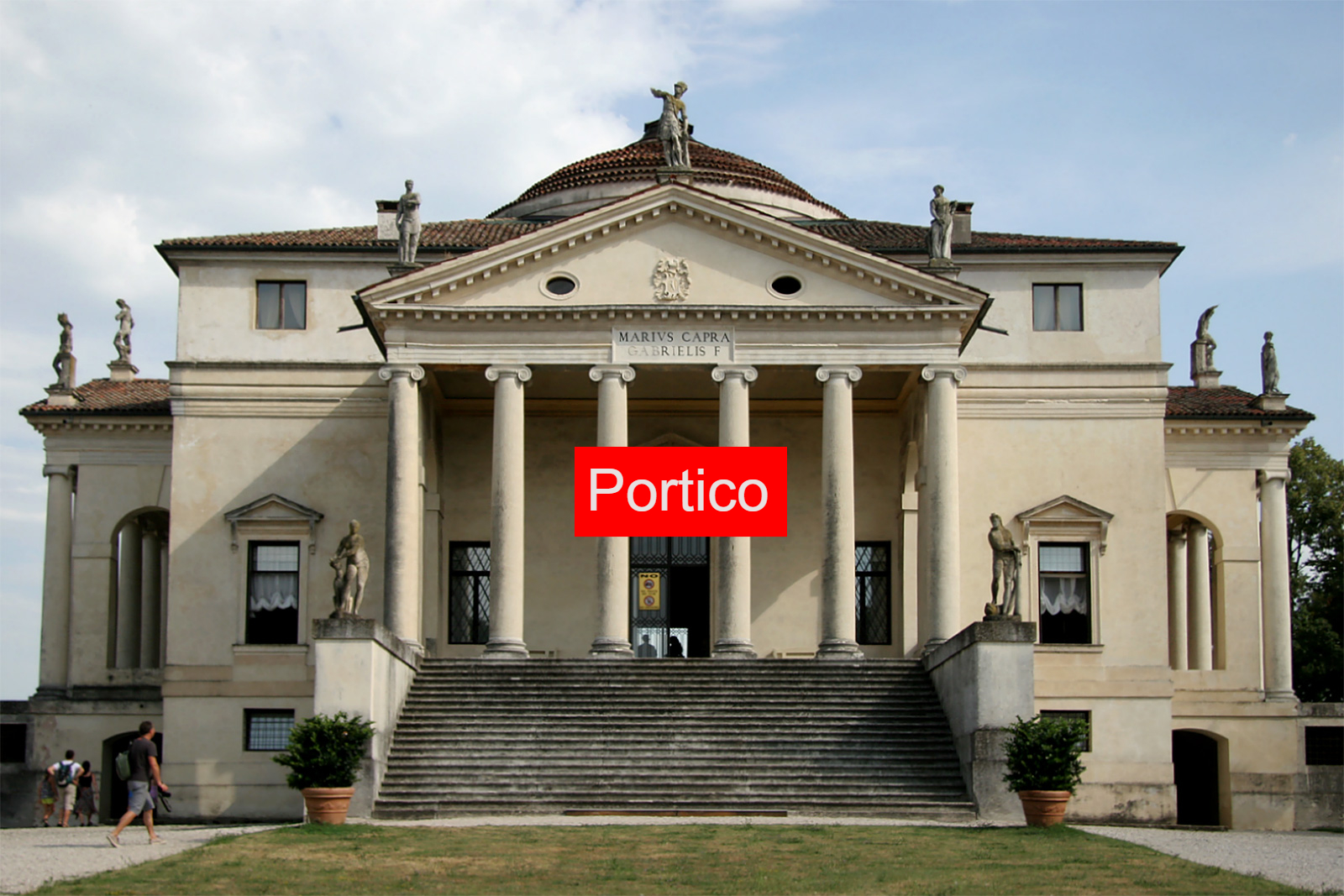 Portico: a porch leading to the entrace of a building in the form of a colonnade, often with a pedim