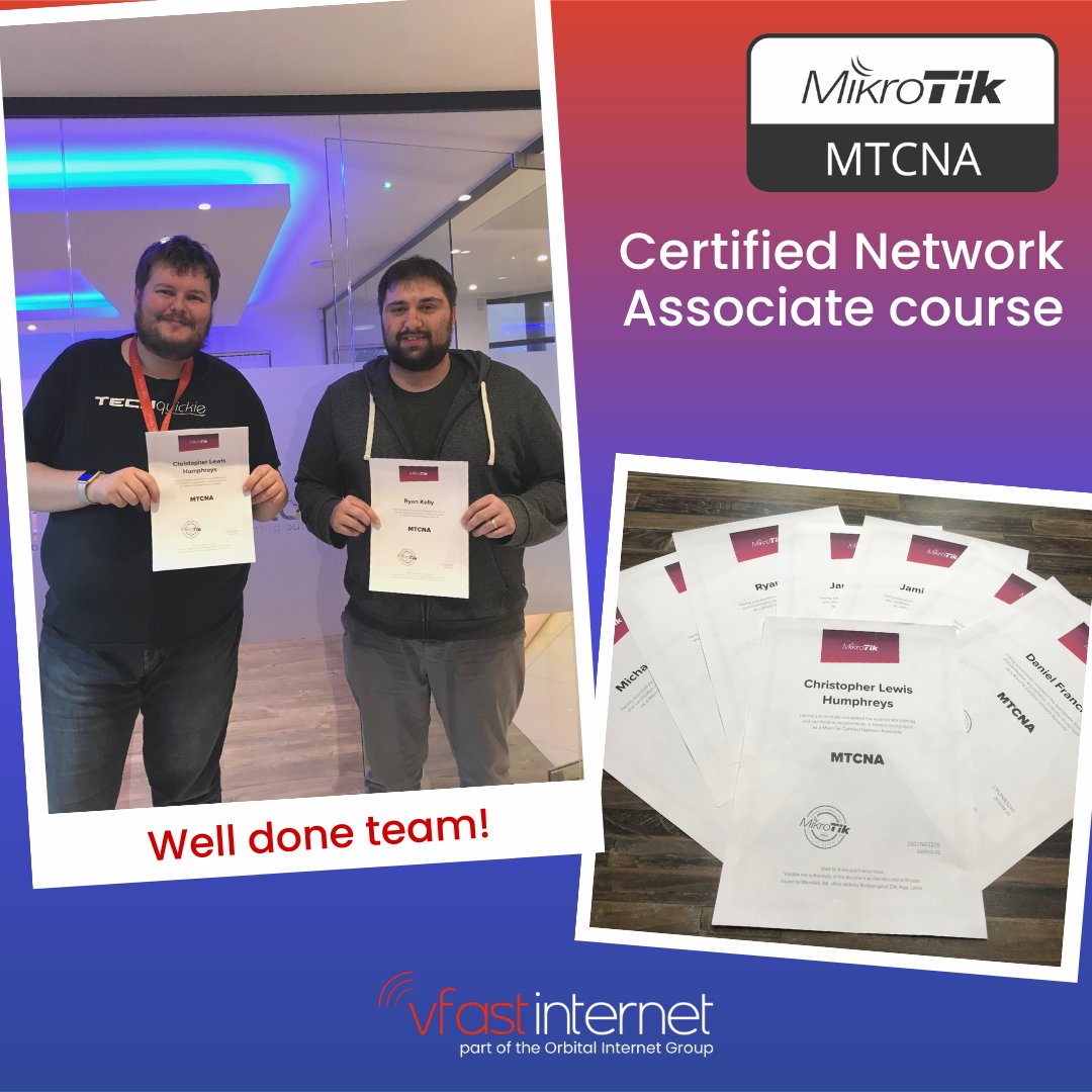 vfastinternet's tweet photo. Shoutout to our amazing Vfast support team who took part in the MTCNA MikroTik course. 👏
This course enhanced their understanding of RouterOF Software and RouterBoard capabilities and provided hands of training for MikroTik. 
@ChrisHumphreys_ 

#VFast #fullfibrebroadband #MTCNA https://t.co/LNcFysoKAw