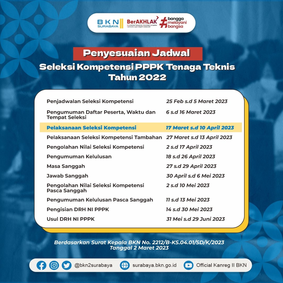 bkn2surabaya's tweet photo. Bagi peserta Seleksi Kompetensi PPPK Tenaga Teknis, yuk perhatikan penyesuaian jadwal seleksi berikut ya...
Semoga #SobatBKN jadi punya waktu lebih untuk mempersiapkan diri π Selalu jaga kesehatan juga yaa
#pppkteknis #ASN #PNS #CATBKN #ASNBanggaMelayaniBangsa https://t.co/HTRqF08TOH