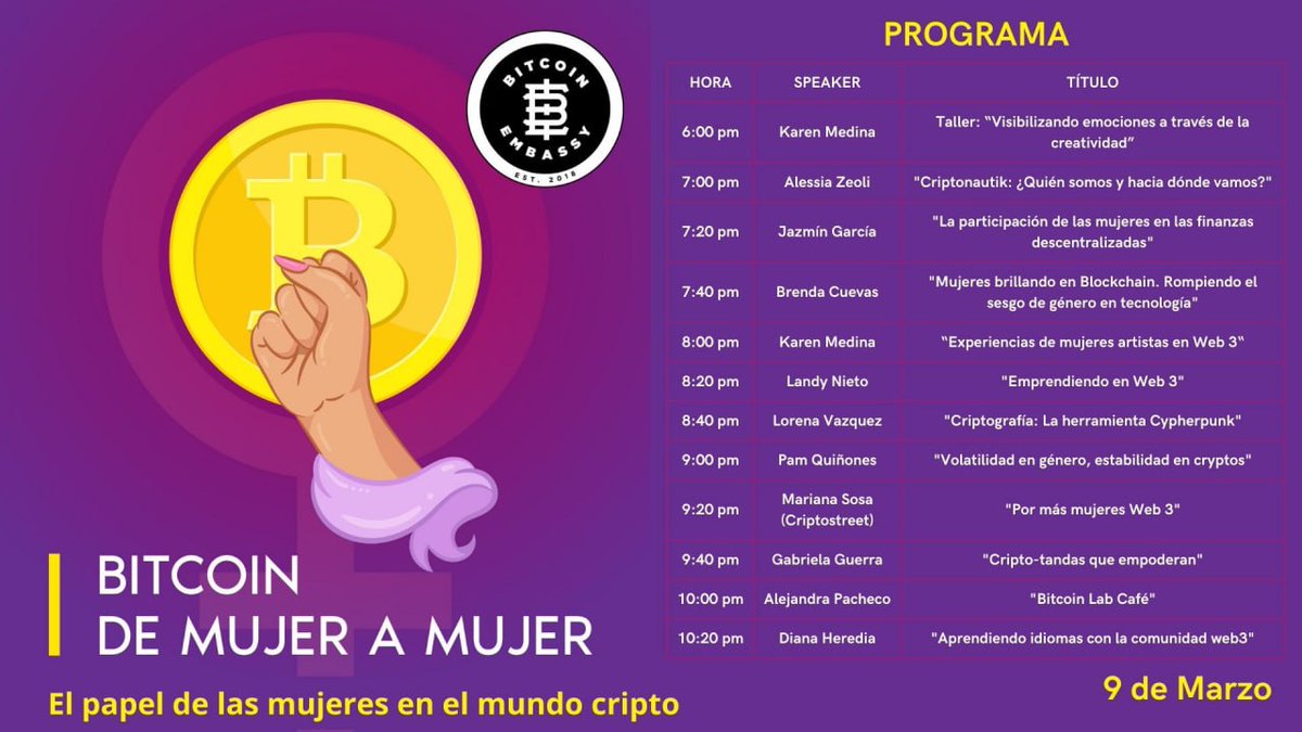 LOReBitcoin's tweet photo. Habemus agenda para nuestro evento anual "#Bitcoin de mujer a #mujer" en @bitcoinemb
La convocatoria fue un éxito con más de 10 speakers♀️
Empezaremos a las 6pm con un taller y terminaremos jornada a las 11pm
Esperamos a todas las mujeres y hombres de la comunidad el 9 de marzo🗓 https://t.co/AMZpUnXw2a