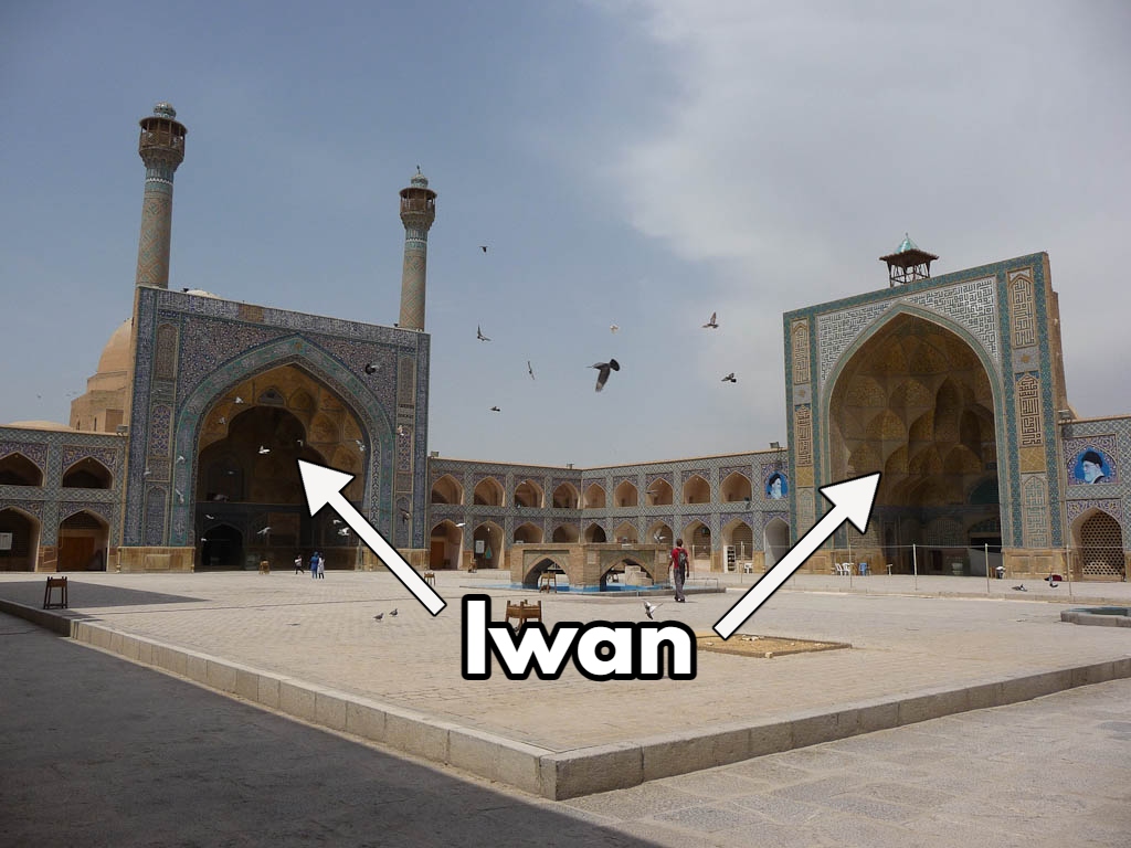 The iwan is a vaulted hall which is only walled on three sides; the open side forms a large entrance