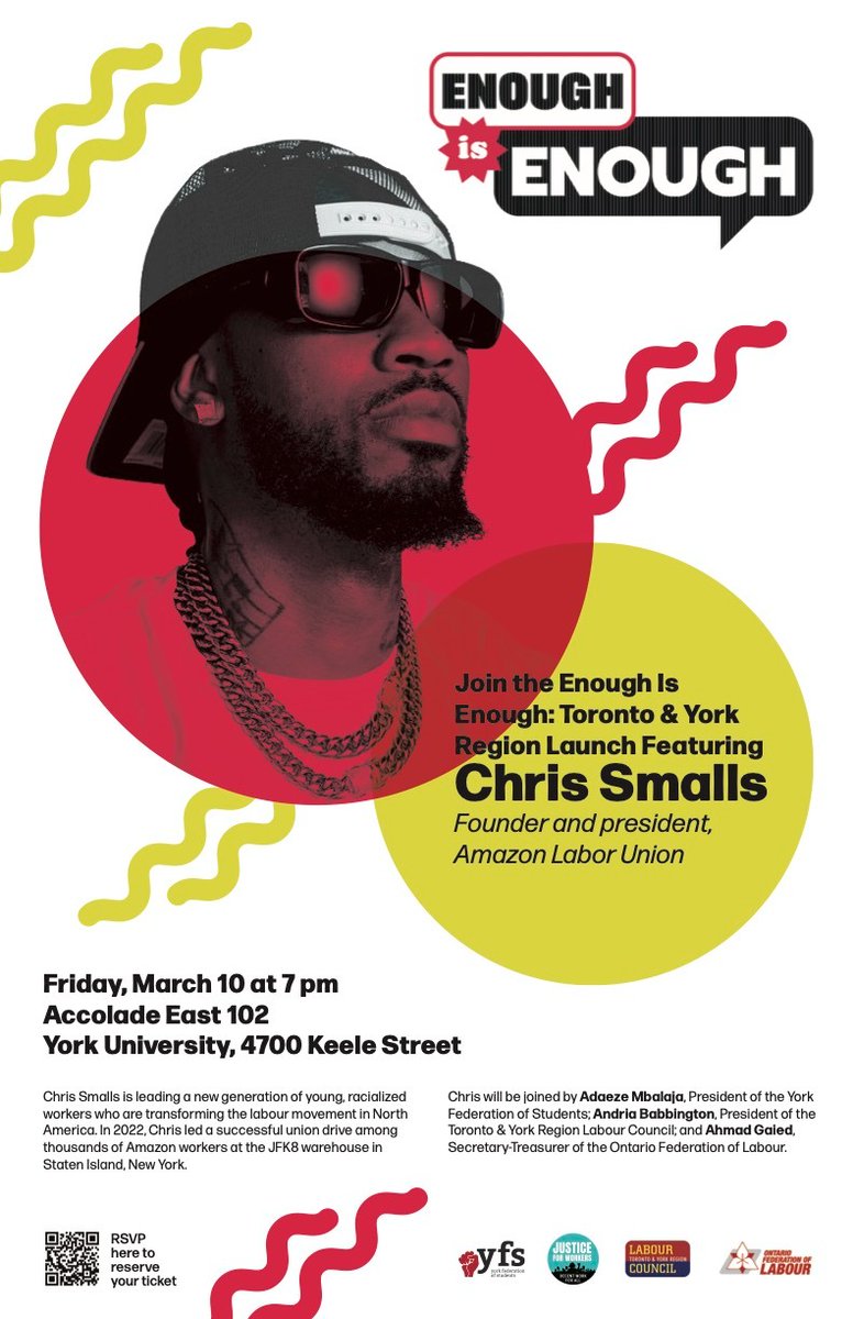 TYR Labour Council (@torontolabour) on Twitter photo Join the #EnoughIsEnoughON Toronto & York Region Launch THIS FRIDAY, Mar 10, at York University with Chris Smalls, founder of <a href="/amazonlabor/">Amazon Labor Union IBT</a>, as the keynote speaker. Hear from a new generation of workers who are transforming the #labourmovement!
📢RSVP at labourcouncil.ca/tyrlc_eie_laun… Join the #EnoughIsEnoughON Toronto & York Region Launch THIS FRIDAY, Mar 10, at York University with Chris Smalls, founder of <a href="/amazonlabor/">Amazon Labor Union IBT</a>, as the keynote speaker. Hear from a new generation of workers who are transforming the #labourmovement!
📢RSVP at labourcouncil.ca/tyrlc_eie_laun…