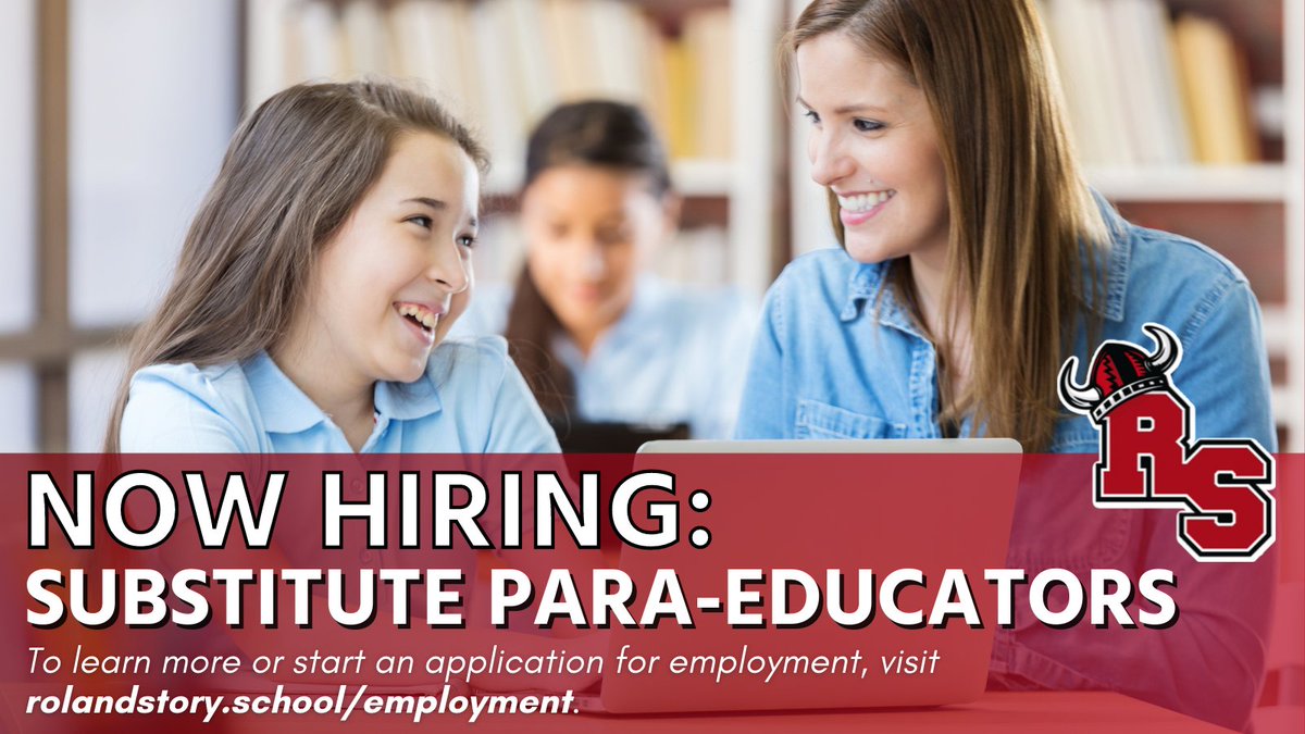 Roland-Story School District is hiring substitute para-educators to join our team immediately! Visit our district employment page at tinyurl.com/39cnt6fh to learn more, or download our application now at tinyurl.com/yckwxjfj. We look forward to hearing from you!