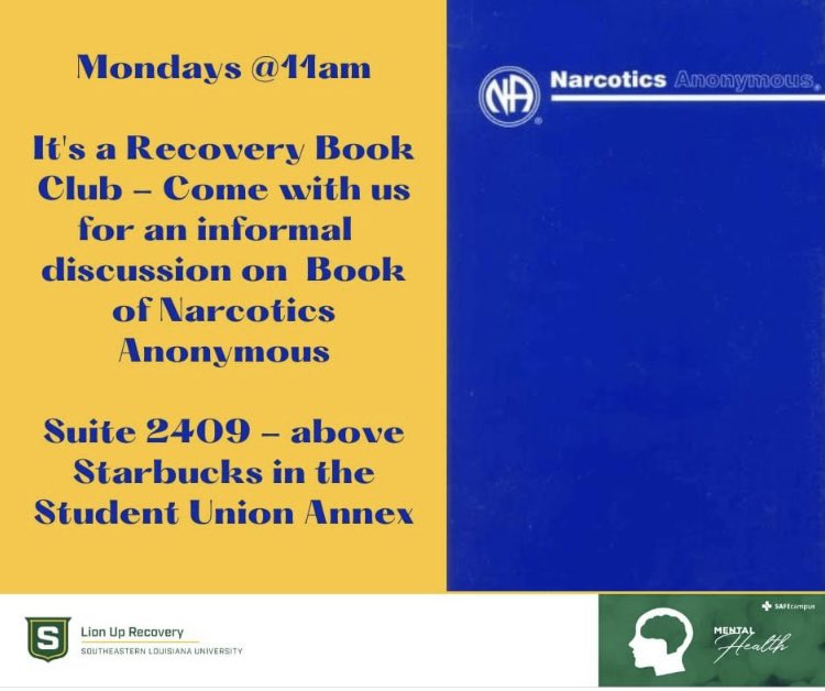 LionUpRecovery's tweet photo. Internet down? Come connect today with our Recovery Book Club. 11am at the Recovery Space on Campus - Suite 2409 - Above Starbucks.  #lionuprecovery https://t.co/fWigY3cKqh