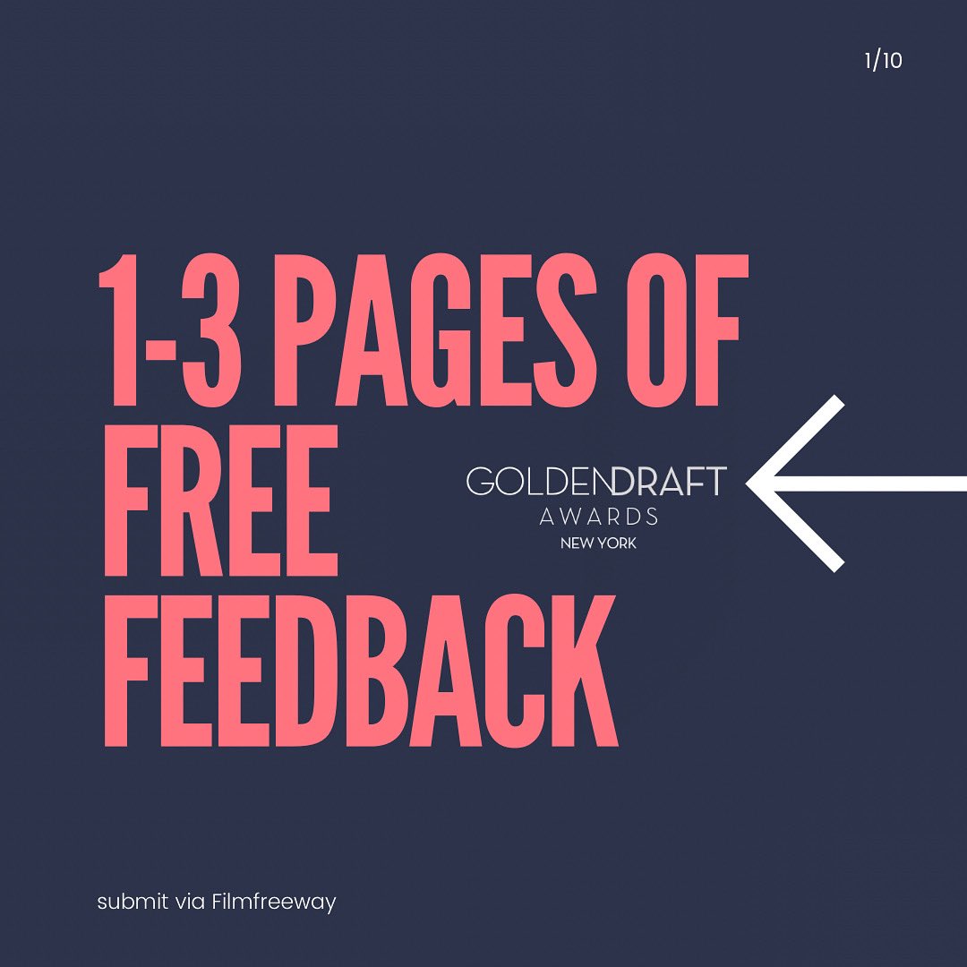 Golden Draft Awards March Edition is currently accepting submissions!

Submit via
Filmfreeway.com/gda

Everyone who submitted will receive 1-3 pages of FREE FEEDBACK!

#writingcommunity #screenwriter #screenwriting #writerslift #screenwritertwitter #5amwritersclub #amwriting