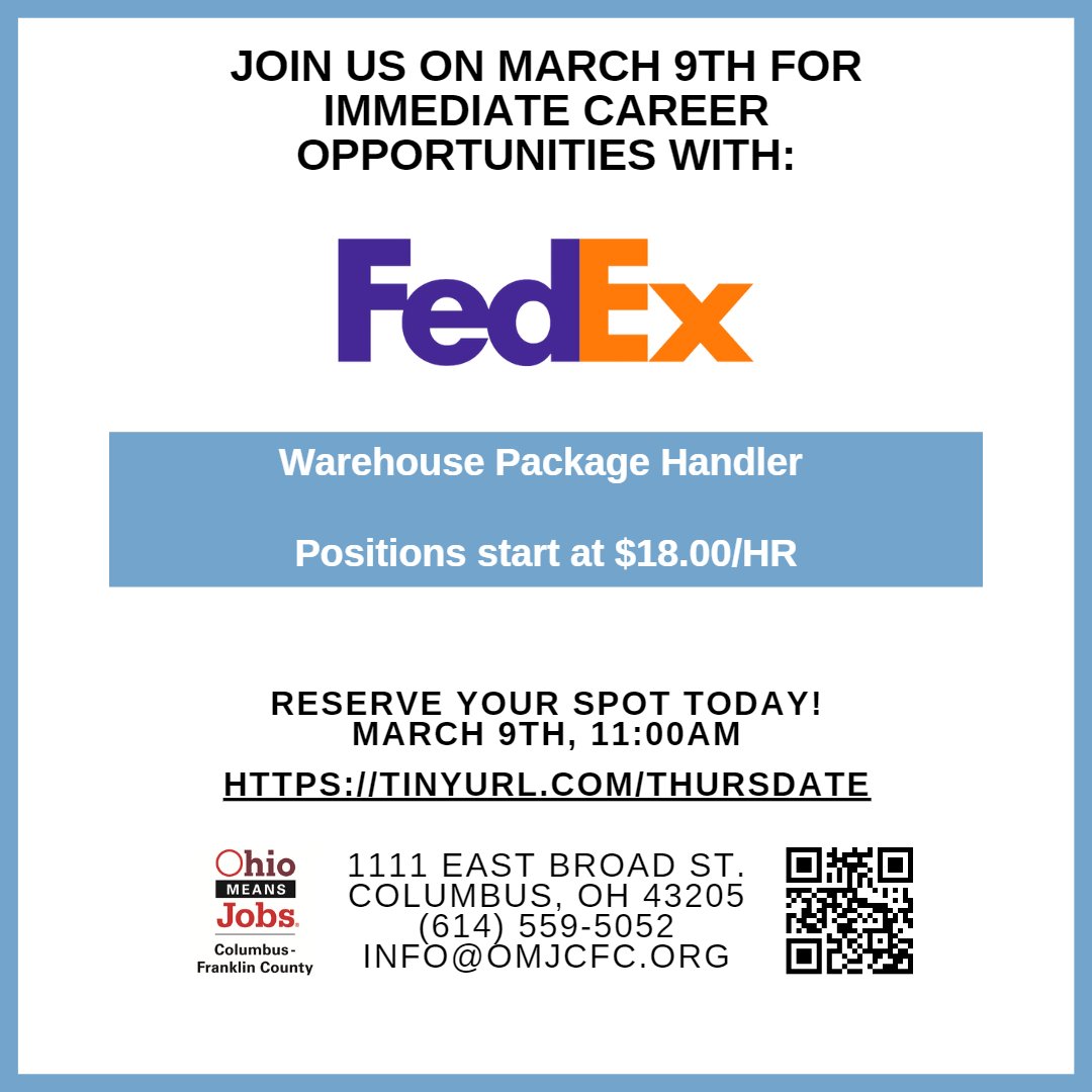 Interested in a fast-paced career with a great employer? Attend our #ThursDate featuring FedEx Ground on March 9th at 11:00AM to meet recruiters and explore career opportunities including Package Handler positions that start at $18/HR! Visit omjcfc.org/thursdate/?utm… for more info!