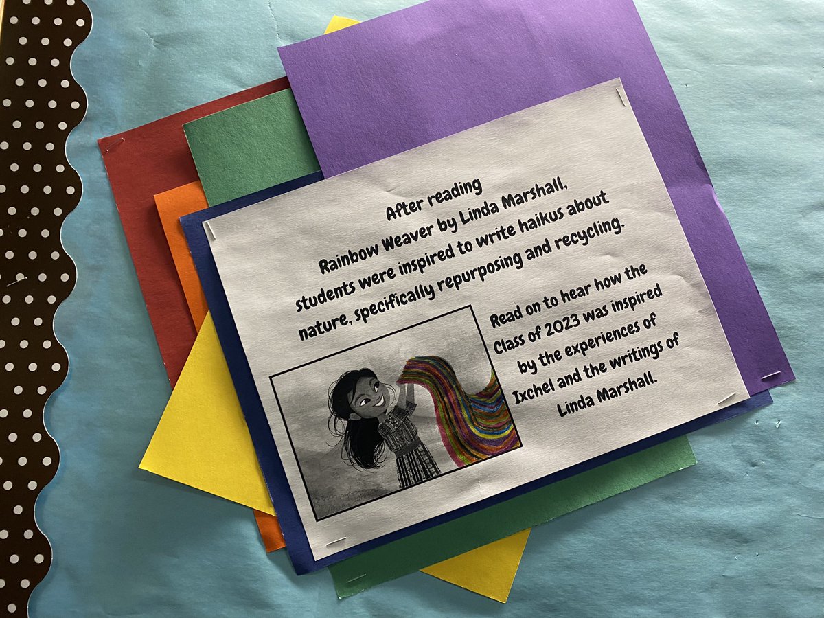 Inspired by #RainbowWeaver and a visit from author Linda Marshall, sixth grade students wrote haiku poems related to recycling and repurposing! Our poe-tree 🌳🌈 is in full bloom 🌸🌼 #happeningathowell <a href="/13MrsWatson/">Samantha Watson</a> <a href="/J_Schimmenti/">Jackie Schimmenti</a> <a href="/lisa31013/">Lisa Ellis</a>