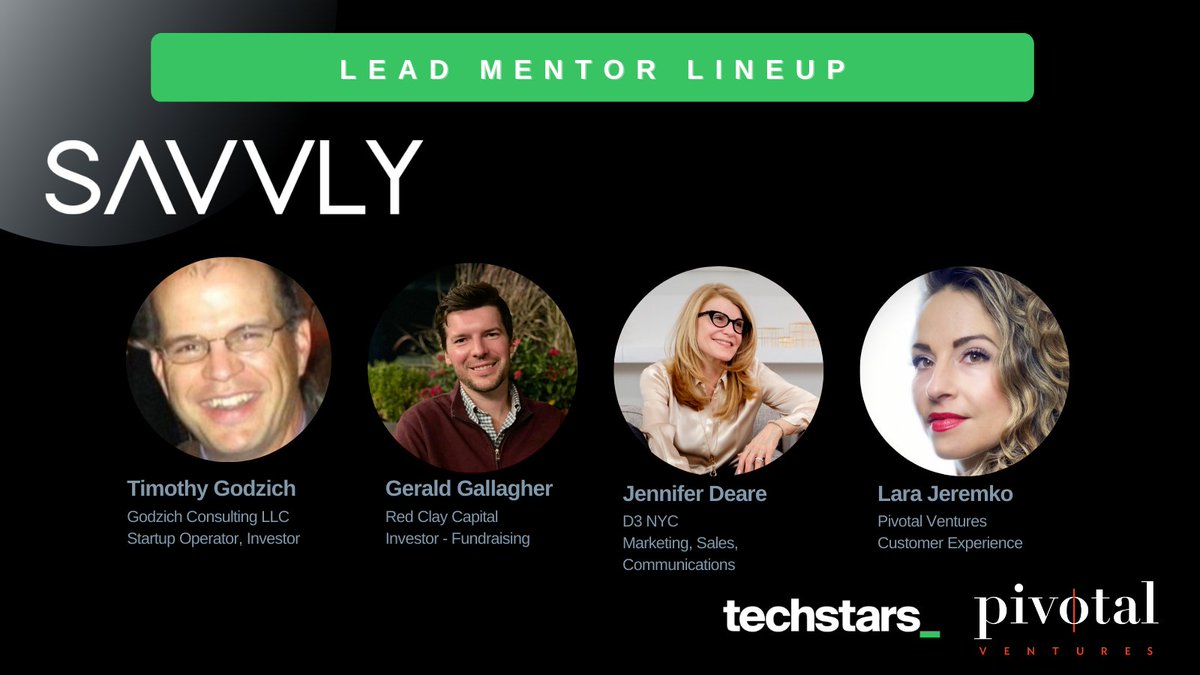 Today is Day 9 of our 10-day campaign to spotlight the Lead Mentor Lineup for each of our #TSLongevity companies. <a href="/savvlyfinance/">Savvly Finance</a> is delighted to work with Tim Godzich, Gerald Gallagher, Jennifer Deare, and Lara Jeremko.

<a href="/Techstars/">Techstars</a> 
<a href="/pivotalventures/">Pivotal Ventures</a>